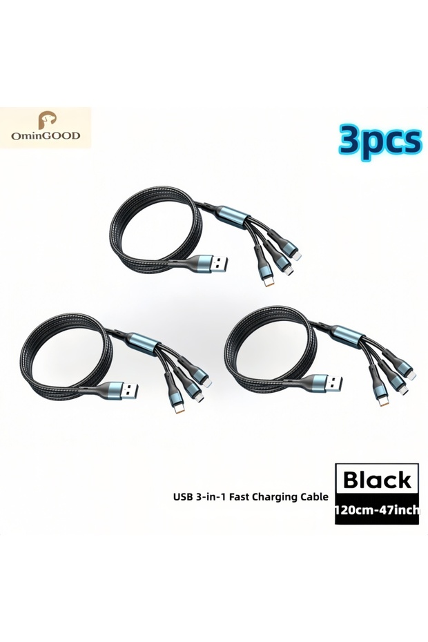 كابل شحن سريع مجدول 3 في 1 بطول 1.2 متر، 120 واط، 6 أمبير، يدعم USB C وMicro USB، مناسب لأجهزة آيفون