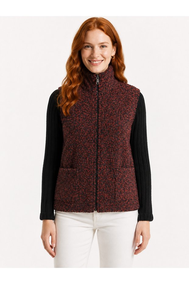 Women's Red Black Knitwear Zippered Cardigan
