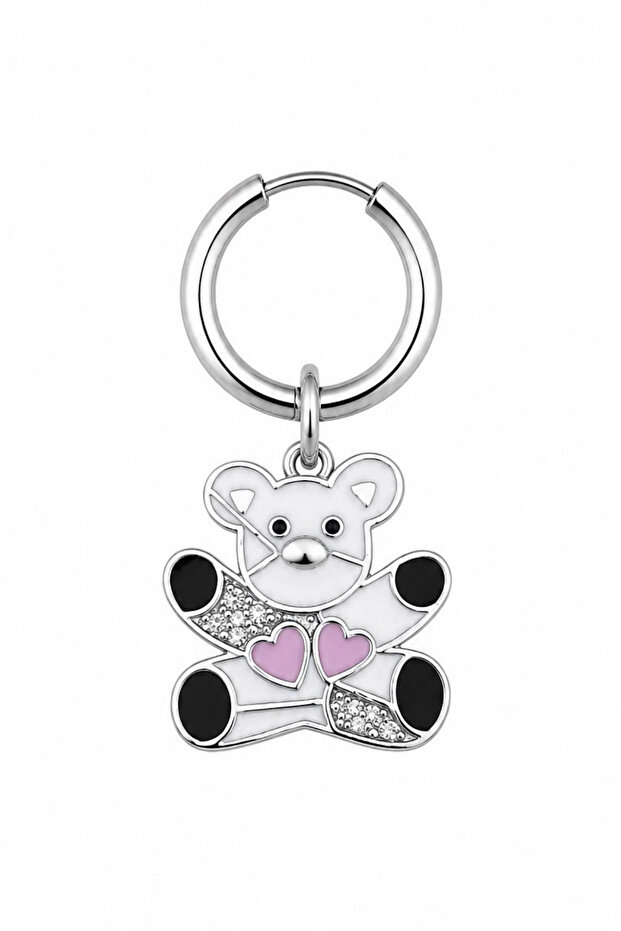 Unisex Silver Color Surgical Steel Dangle Enamel Teddy Bear Figured Hoop Earrings 1 Piece