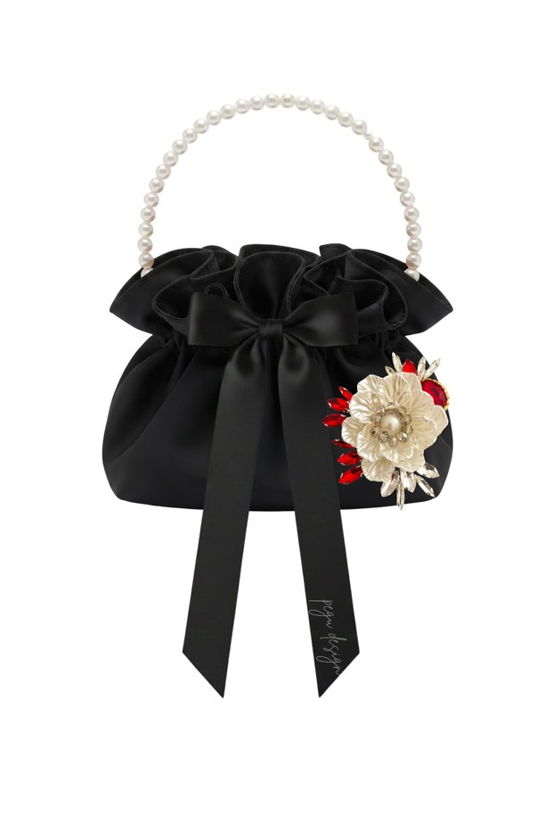 Black Cotton Satin Bag, with Crystal Glass Stone Decorations, Flower Pearl Handle, Black Satin Folded Daily/Formal Dress Bag