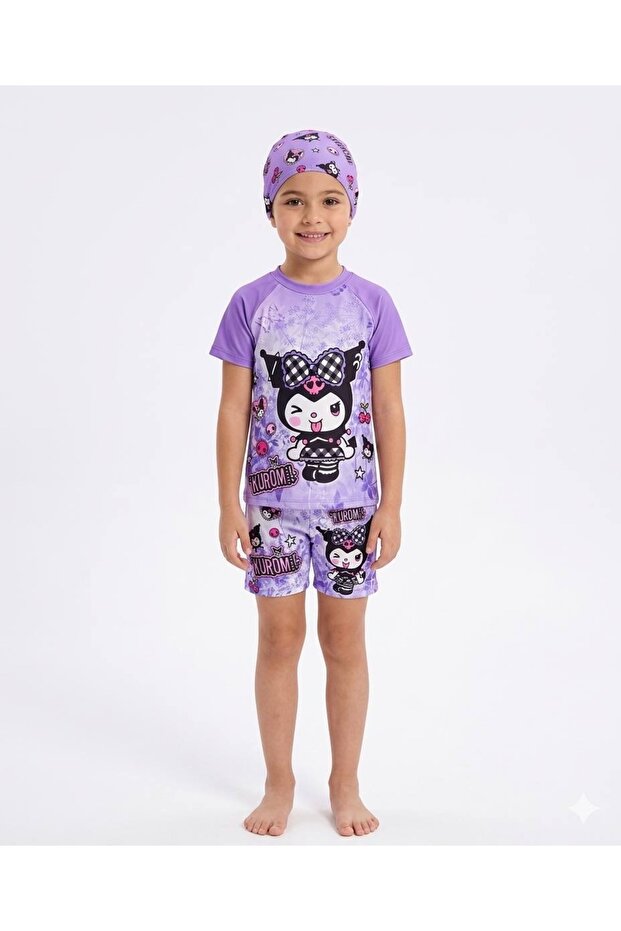 Kuromi Printed Girls' Purple Swimsuit and Cap Set, 3-Piece Set 