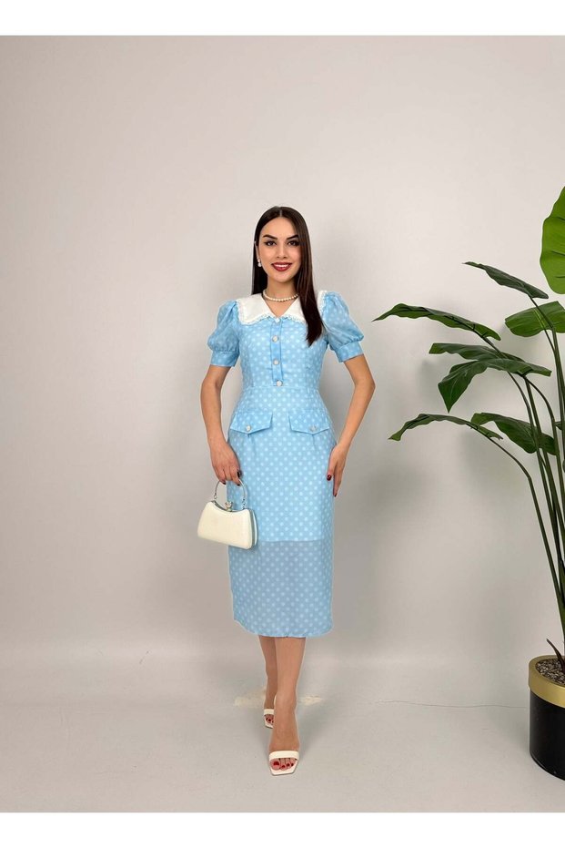 Women's Baby Blue - Baby Blue Polka Dot Midi Pencil Dress with Baby Collar and Lace Detail Balloon Sleeves