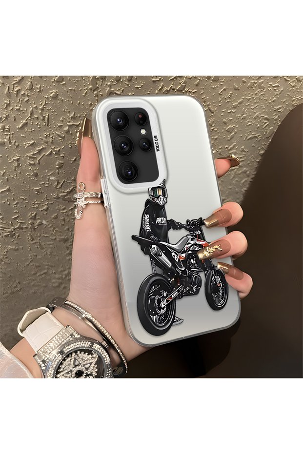Samsung Galaxy S22 Ultra Compatible Helmeted Motorcyclist Drawing Printed Men's Style Phone Protective Case