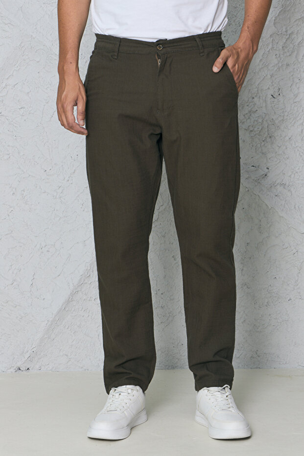 Men's Khaki Linen Trousers with Elastic Waist, Comfortable Fit, Summer Casual Trousers