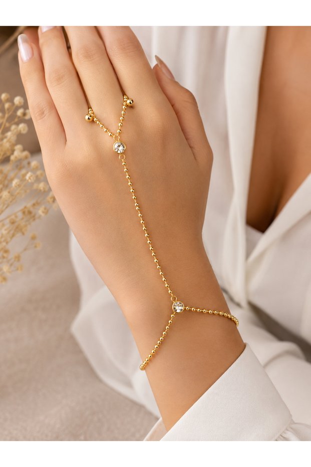 Gold Color Stone Detailed Shahmeran Bracelet Women's Hand Chain Adjustable Stainless Steel