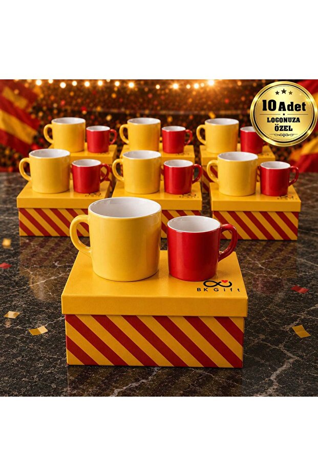 Personalized for Your Logo: 10-Piece Boxed Yellow and Red Fan-Themed Ceramic Mug and Coffee Cup Set