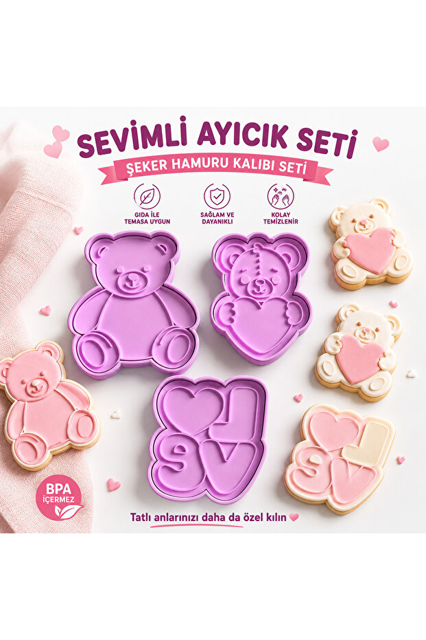 Cute Teddy Bear Sugar Paste Mold Set |   Teddy Bear, Heart-Shaped Teddy Bear, and Love Written Cookie & Cake Decorating Molds |   3-Piece Fondant Mold Set