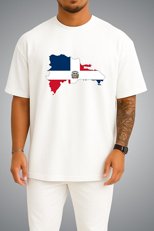 Oversize Dominican Republic Flag and Map Chest Printed Unisex T-Shirt