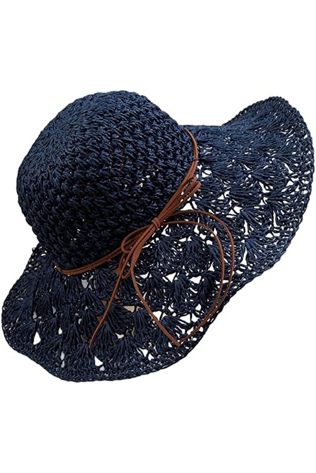 Women's straw hat, beach sun hat, foldable wide-brimmed women's summer hat (navy blue)