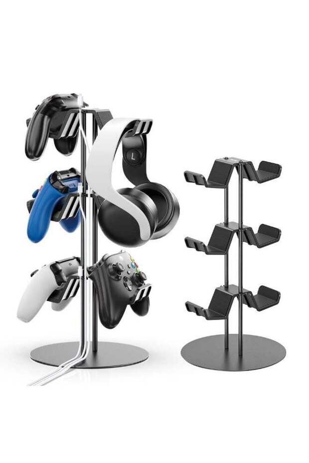 حامل تحكم ثلاثي الطبقات مع منظم كابلات للمكتب، حامل عرض شامل للتحكم متوافق مع Xbox وPS5 وPS4 ونينتندو سويتش، حامل سماعات رأس وحوامل مكتبية لـ6 أجهزة تحكم