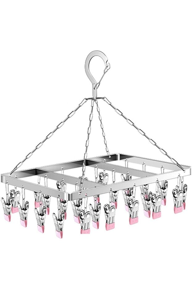 Rotating windproof sock rack, clothesline sock rack, stainless steel sock dryer rotating hook, 26cm underwear dryer with nail clips (pink)