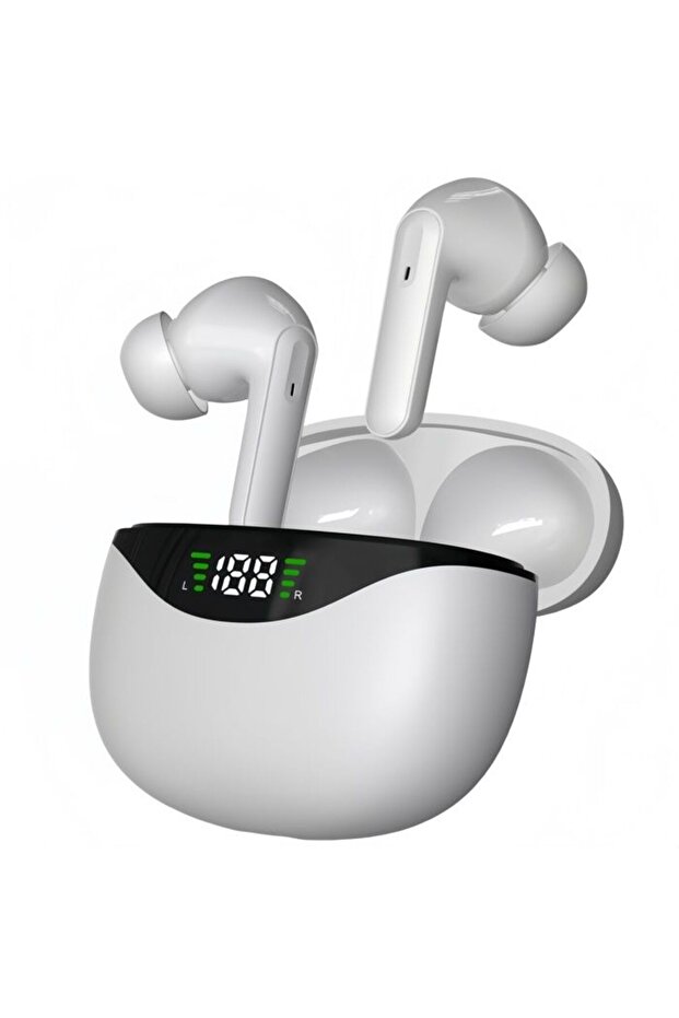 Bluetooth wireless headphones, stereo headphones, LED display, 3D surround sound, built-in microphone, white.