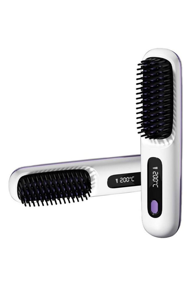 2-in-1 negative ion hair straightener, cordless straightening comb, mini portable hair straightener, heated straightening comb, white.