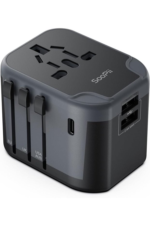 Universal Travel Adapter,Power Converters with 1 USB C and 2 USB A Ports, 7 in 1 Worldwide Travel Plug Adapter Wall Charger,International Power Adapter for EU, USA, UK, AUS,Asia etc(Black)