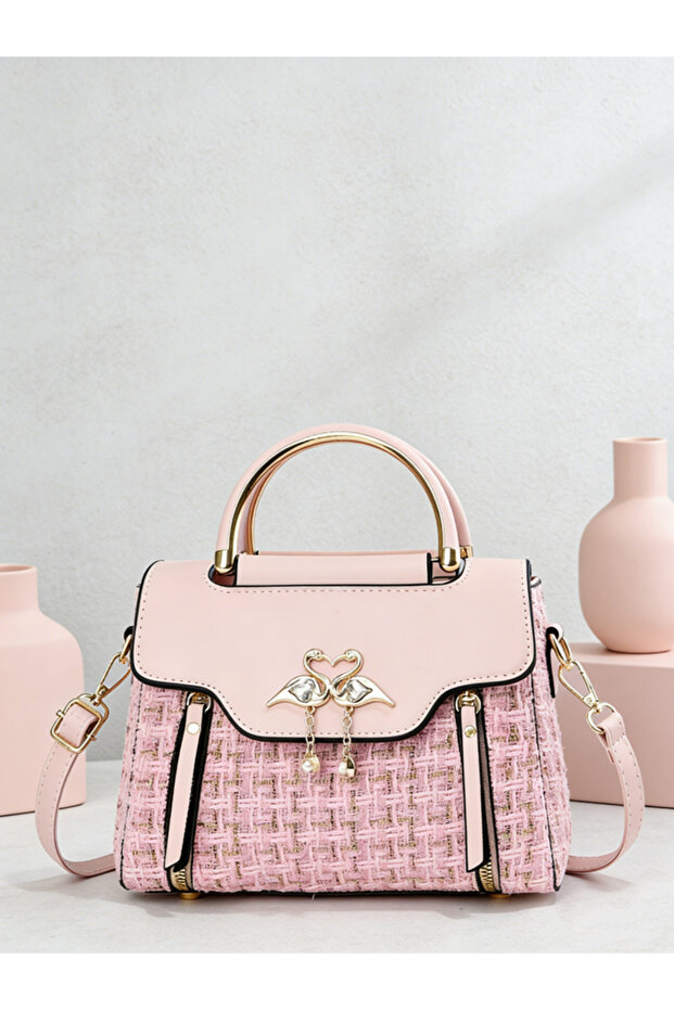 Pink Tweed Look Handbag with Swan Detail