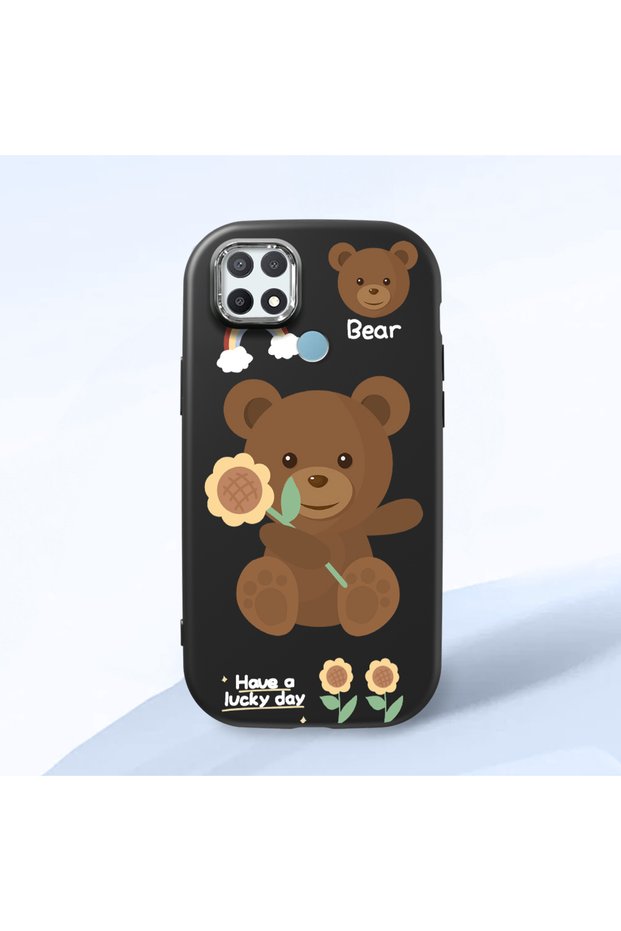 Oppo A15 Compatible Case Camera Protector Black Silicone Couple Phone Case with Bear Pattern