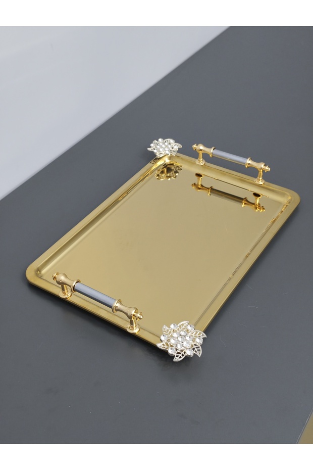 Figured, Metal Handle, Stainless Steel Rectangular Tray Luxury Presentation Tray North Gold-Silver