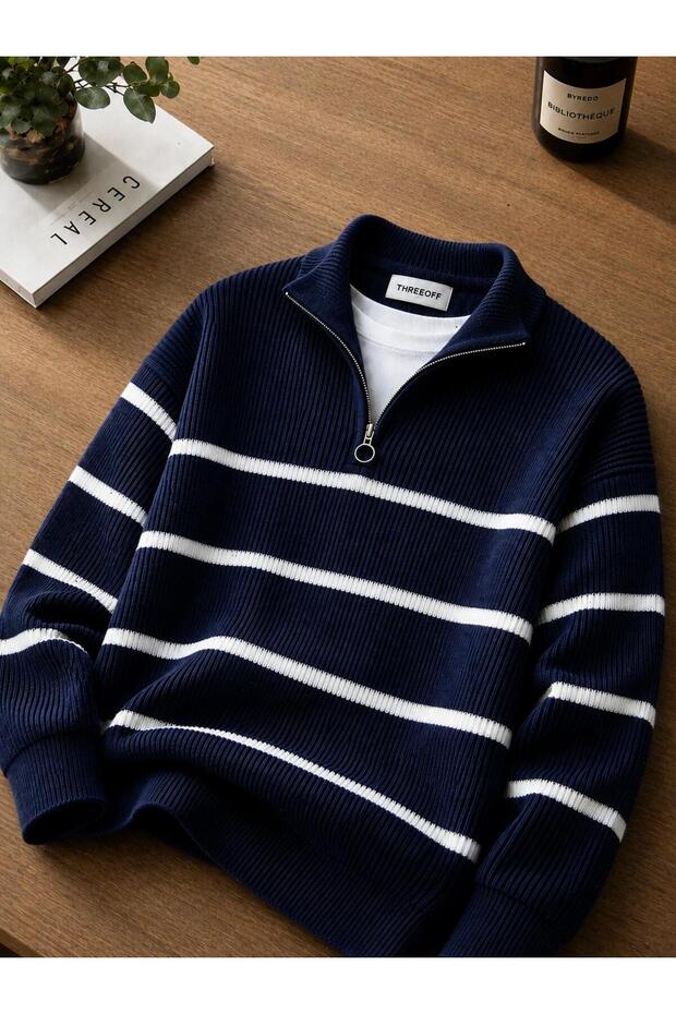 Men's Thessaloniki Knitted Half-Zip Striped Knitwear Sweater with Stand-Up Collar for Winter