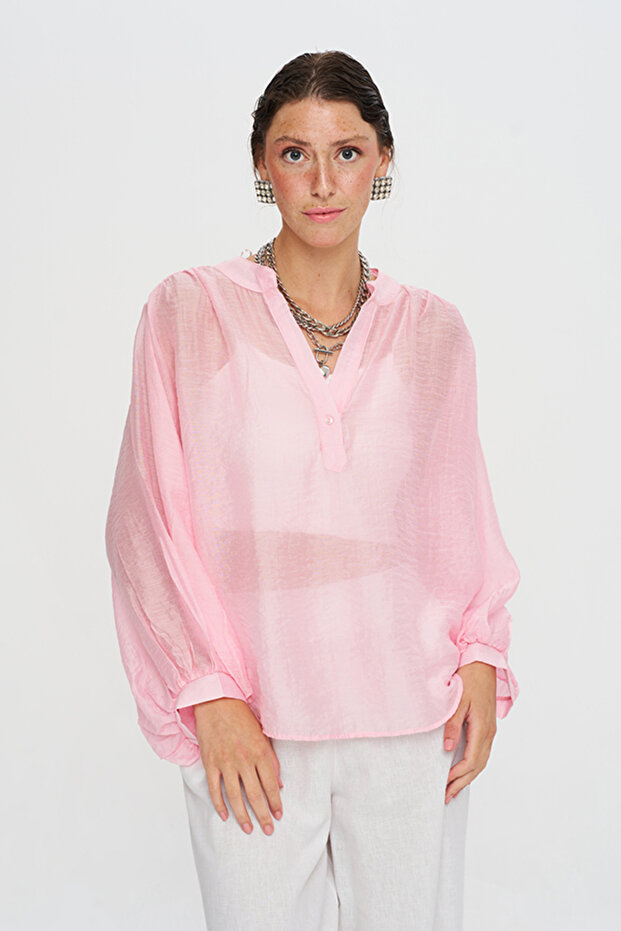 Women's Asymmetrical Cut Oversize Transparent Powder Blouse