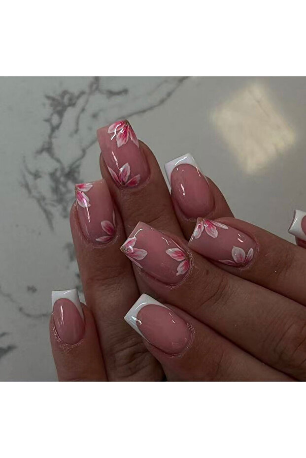 5006 24Pcs Short Square Nail, Floral Pattern White French Acrylic Press On Nails,