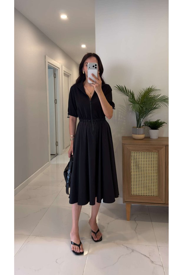 Lotes Black Elastic Waist Zippered Parachute Detailed Dress
