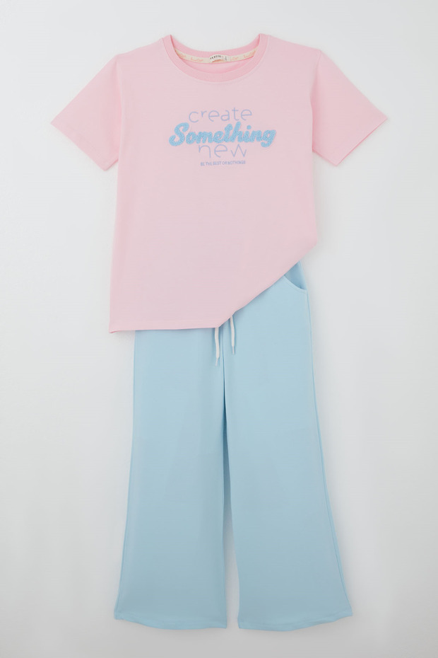 Girl's Short-Sleeved Trouser Suit with Embossed Chenille Lettering Embroidery, Ages 9-14, Pink
