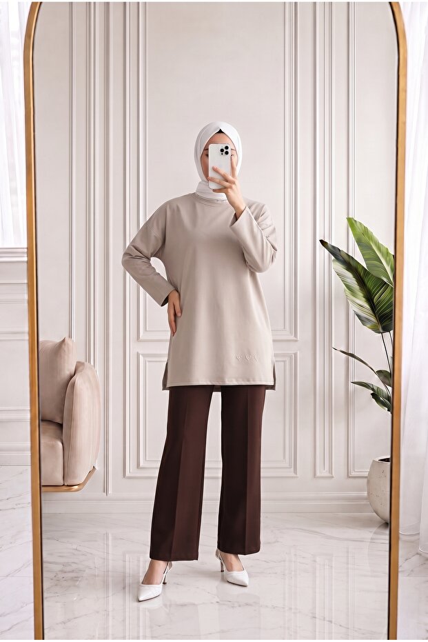 Mahay Heart Embroidered Slit Tunic-Ss13074 Stone