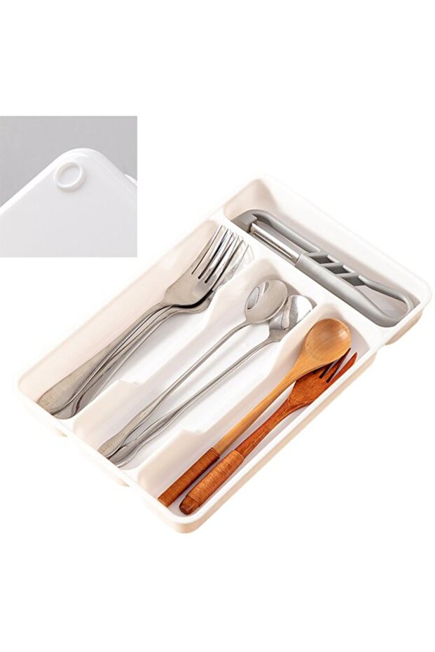 Cutlery storage box with dividers for knives, forks and spoons, white