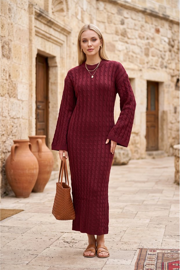 Modern Braided Hair Crew Neck Knitwear Dress