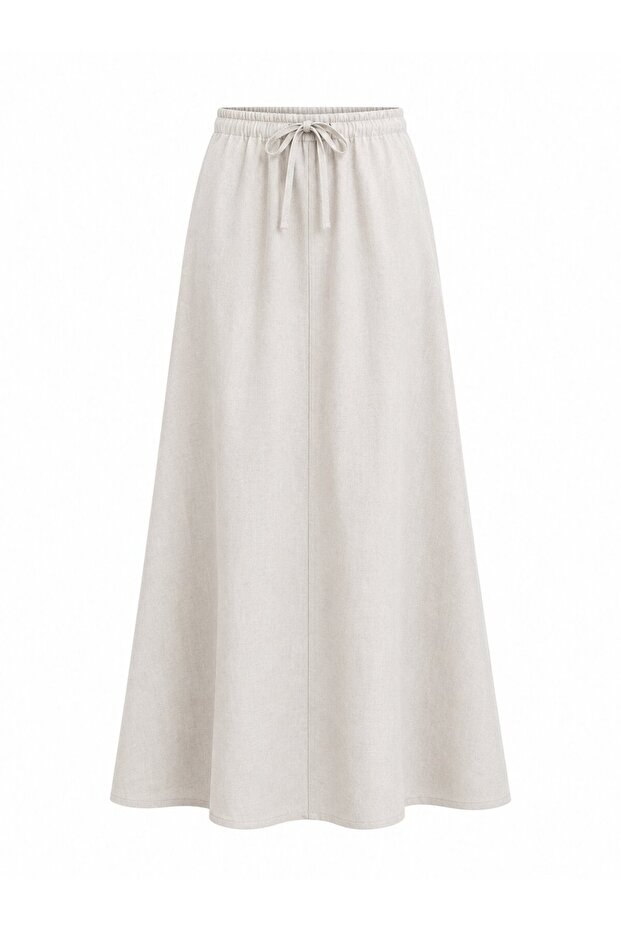Cream Elastic Waist Maxi Linen Skirt - 4069