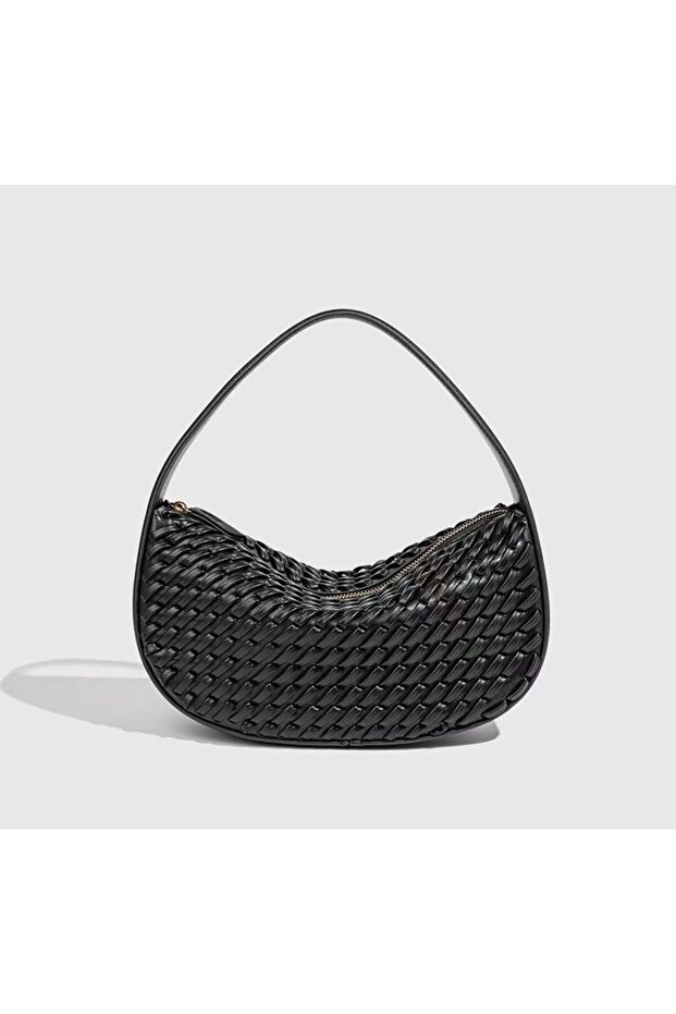 Women's Black Knitted Textured Crescent Shape Shoulder Bag Cnt260