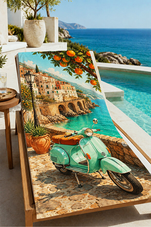 Vintage Scooter Citrus Italian Street Patterned 70X150 Beach Towel - Digital Printed Bath Towel