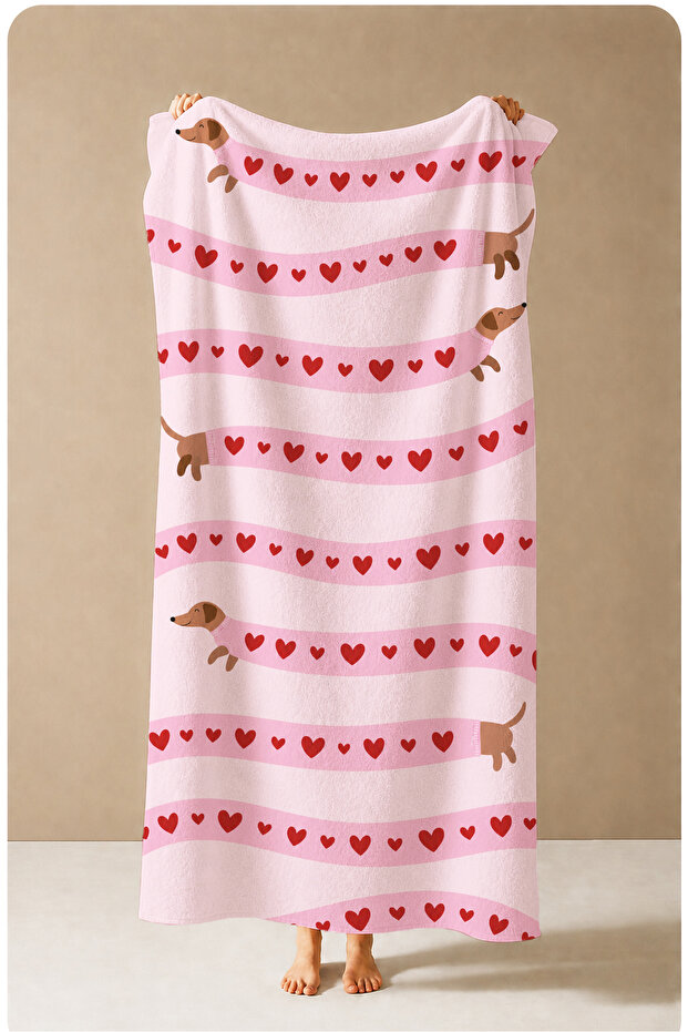 Cute Pink Heart Striped Sausage Dog Patterned 70X150 Beach Towel - Cotton Bath Towel