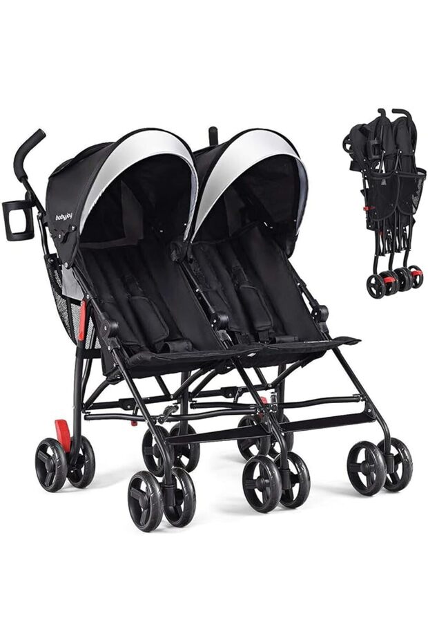 عربة أطفال خفيفة الوزن مزدوجة من BABY JOY، تصميم قابل للطي للسفر، عربة توأم بمظلة وحزام أمان خماسي النقاط