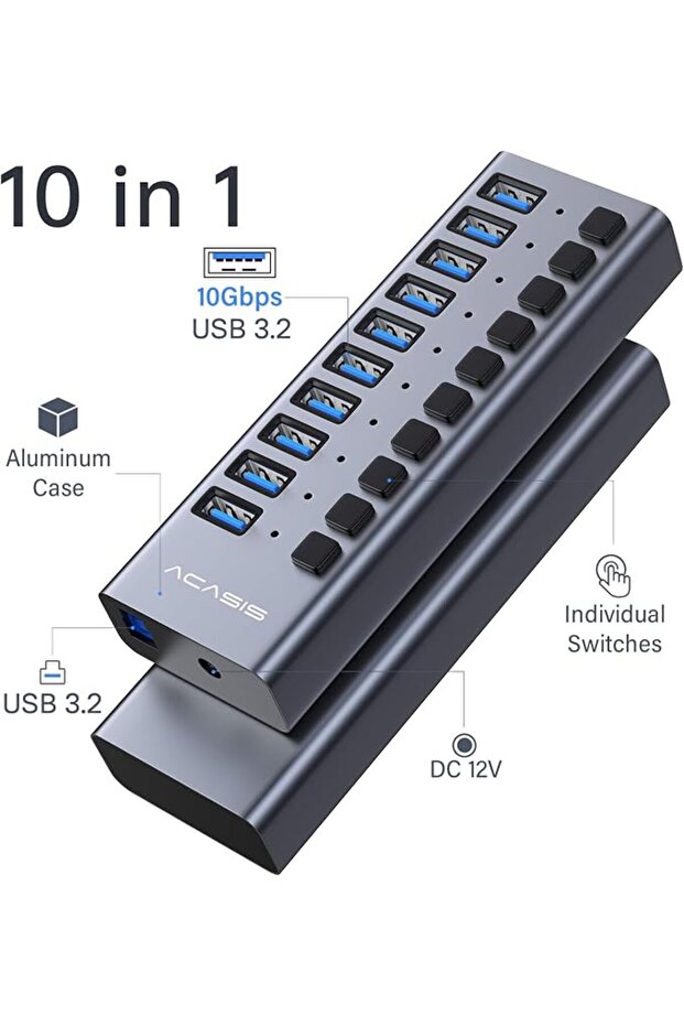 موزع USB 3.2 بـ 10 منافذ، نقل بيانات بسرعة 10 جيجابت في الثانية، محول طاقة 48 واط | مفتاح تشغيل/إيقاف فردي