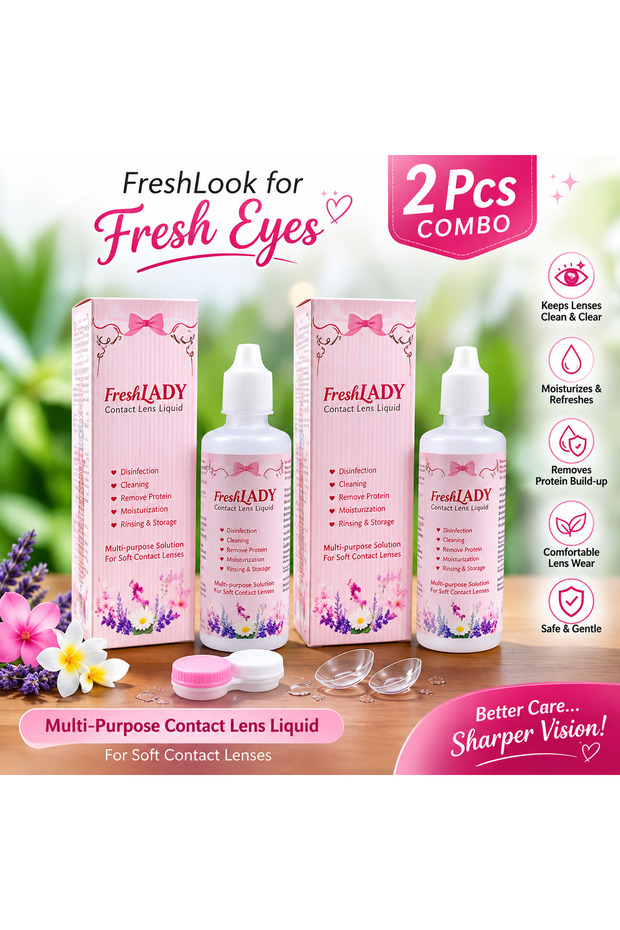 FreshLADY Contact Lens Solution 2 Pcs Combo – Multi-Purpose Contact Lens Liquid for Cleaning,