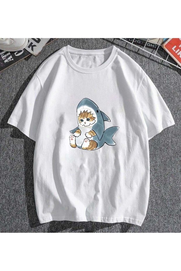 Mi̇ngalondon Shark Cat White Unisex Oversize T-Shirt