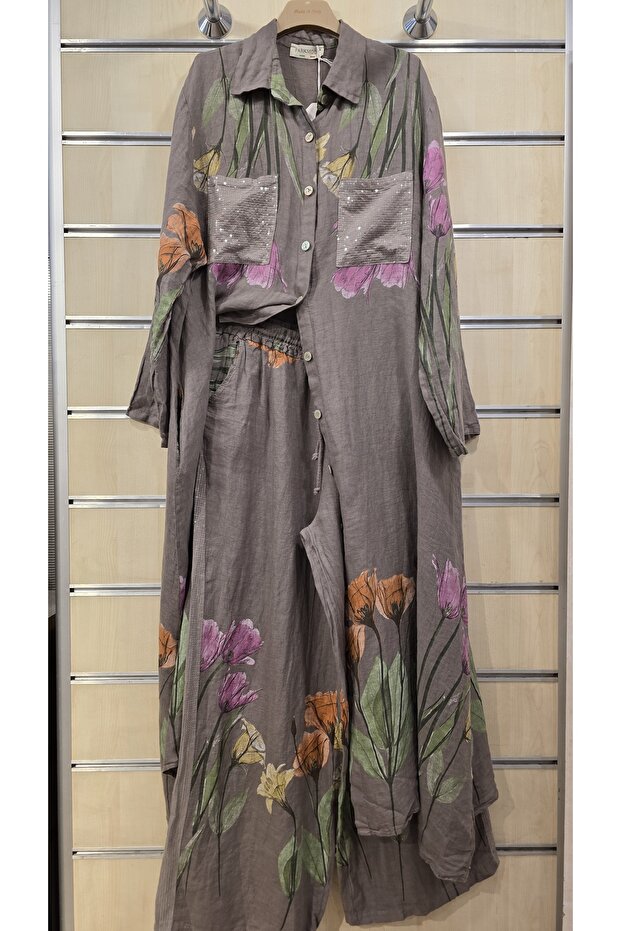 Italian Linen Set Long Tunic Shirt Pants with Sequin Detail