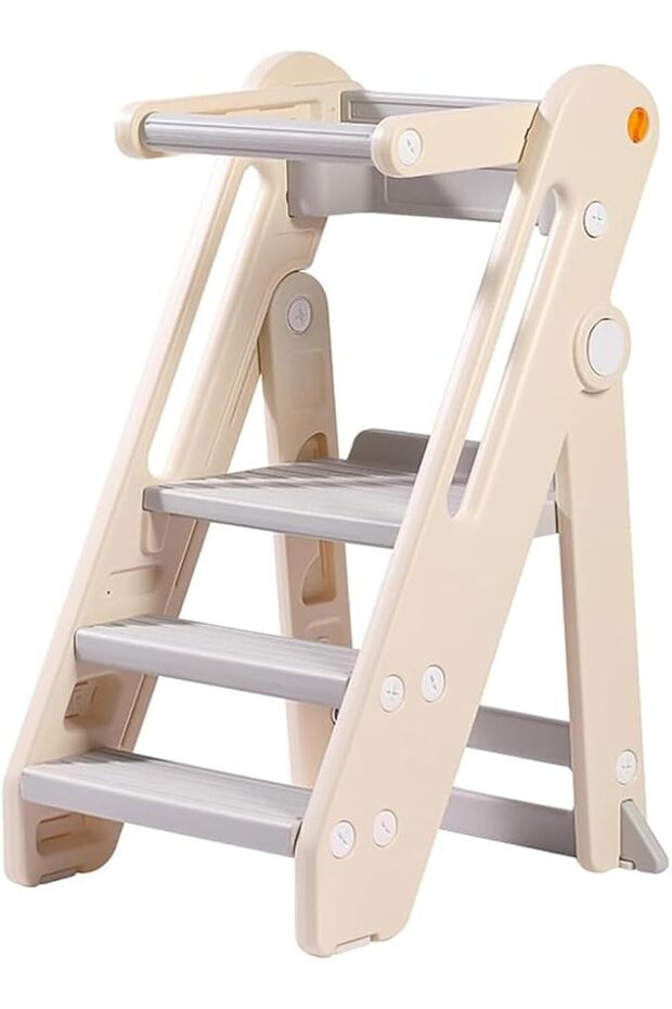 Foldable & Adjustable Height Kids Toddler Tower, 3-Level Learning Step Stool with Safety Rail & Non-