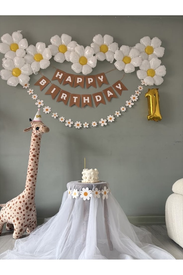 Daisy Themed Birthday Celebration Set | 3 Pieces of Daisy Foil Balloon + Happy Birthday Written Kraft Banner + Daisy Flower Figured Stringed Banner Ornament