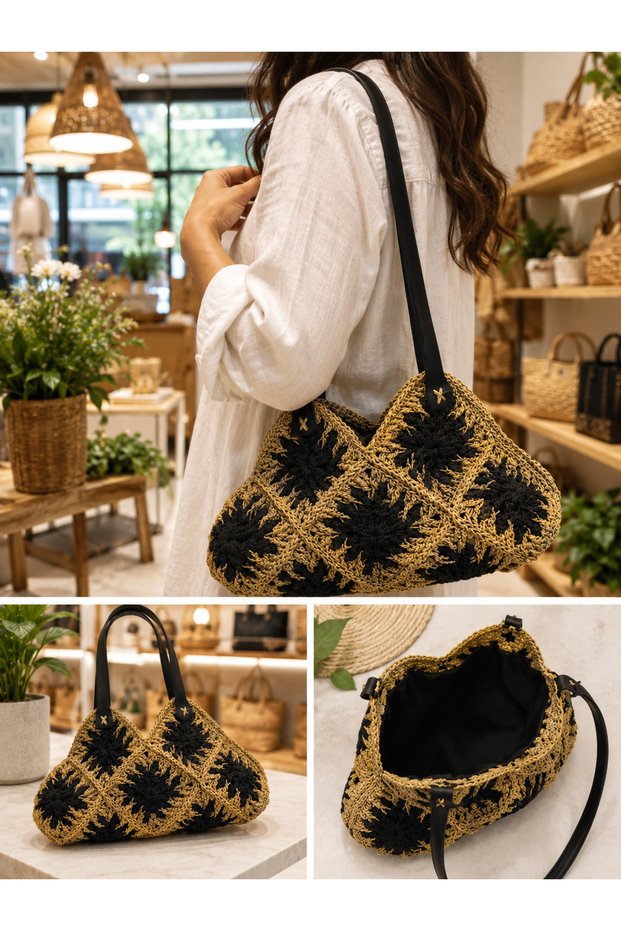 Hand Knitted Bag Women's Shoulder Bag Handmade Knitted Bag Black Beige