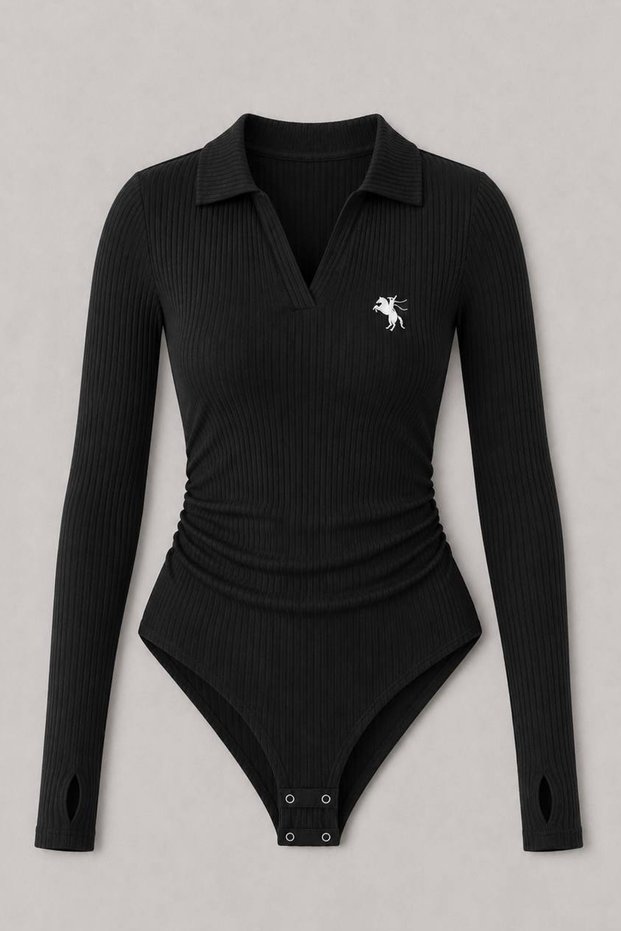 Steed Black Long Sleeve Premium Polo Collar Ribbed Lycra Embroidered Drawstring Snap Fastener Bodysuit