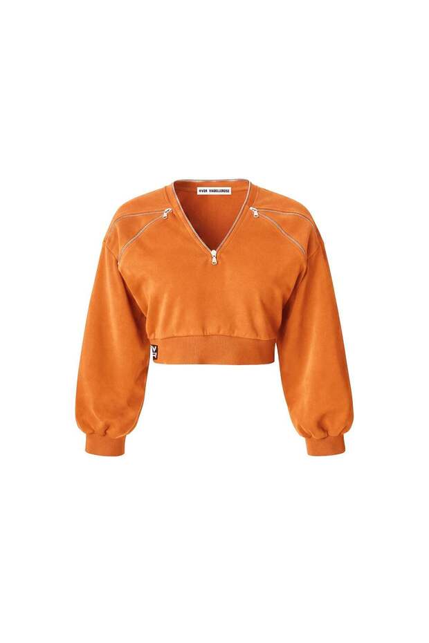 Orange Zipper Detailed V-Neck Crop Sweatshirt 19034