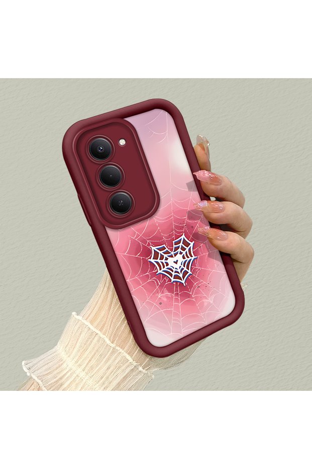 Redmi 15 4G/5G Compatible Pink Gradient Heart Spider Web Pattern Silicone Case