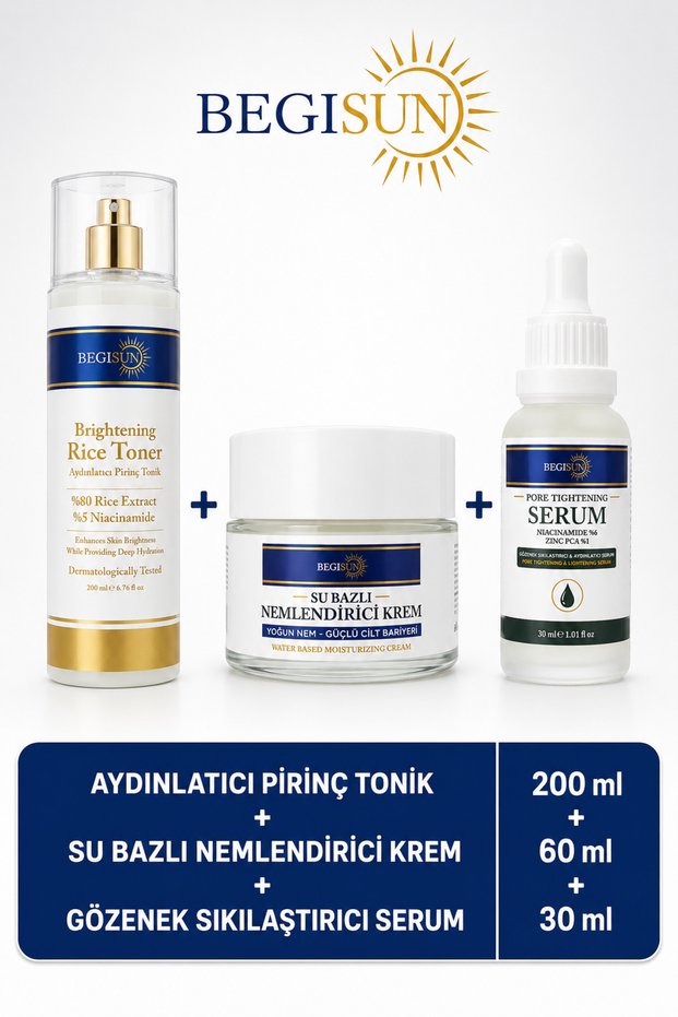 Brightening Rice Tonic 200 ml + Water-Based Moisturizing Cream 60 ml + Pore Tightening Serum 30 ml 3-Piece Skin Care Set