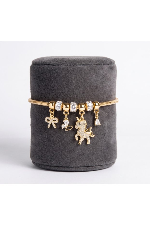 Women's Gold Color White Stone Unicorn and Bow Figured Charm Bracelet