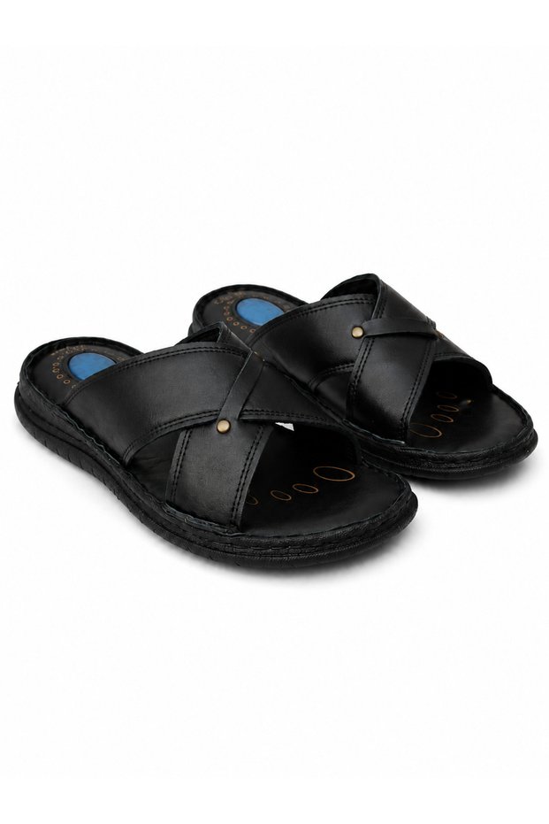 Men's Black Cross-Strapped Comfort Sole Daily Slippers Made of 100% Genuine Leather