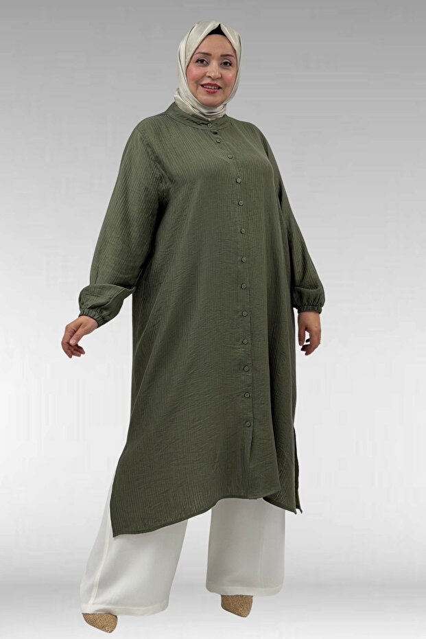 68047 Plus Size Buttoned Double Tensel Tunic - Khaki