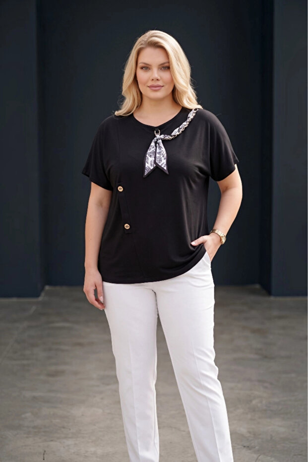 Scarf-Adorned Button Detailed Blouse
