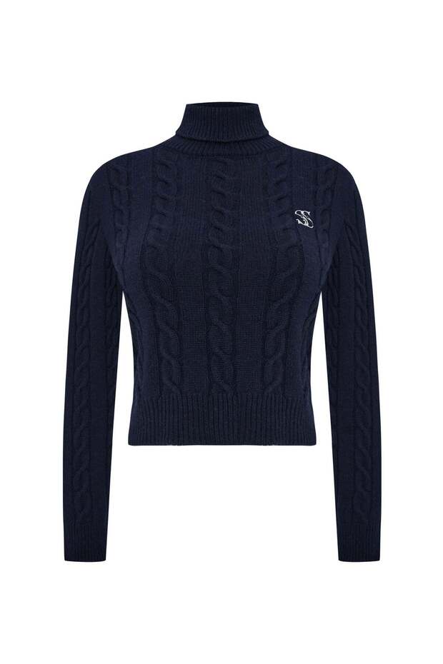 Montagne Cashmere Hair Knit Crop Turtleneck Sweater Navy Blue